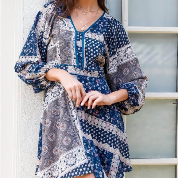 Floral & Paisley Print Balloon Long Sleeve Mini Dress - Picture 3 of 12